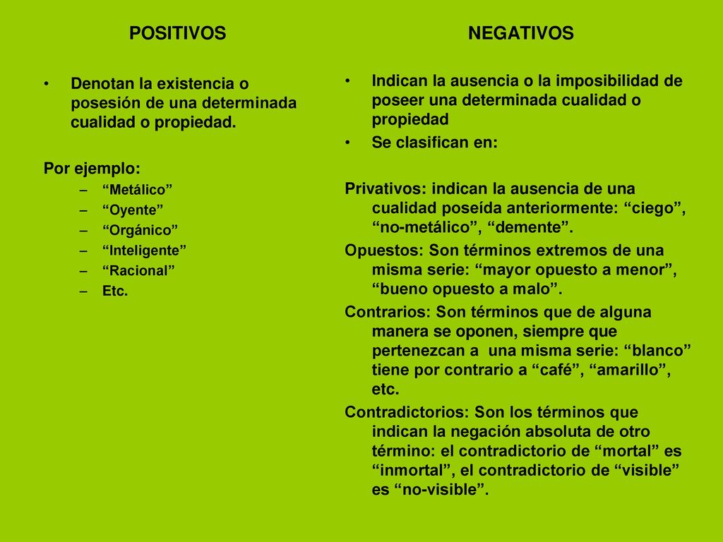 POSITIVOS Denotan la existencia o posesión de una determinada cualidad o propiedad. Por ejemplo: Metálico
