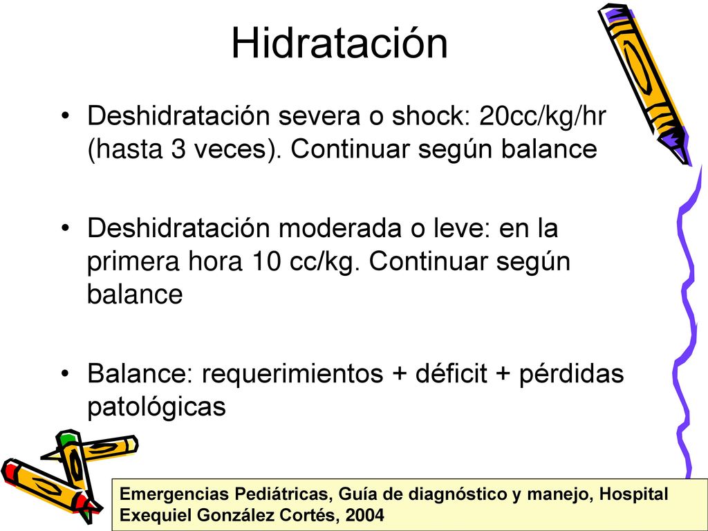 Hidratación Deshidratación severa o shock: 20cc/kg/hr (hasta 3 veces). Continuar según balance.