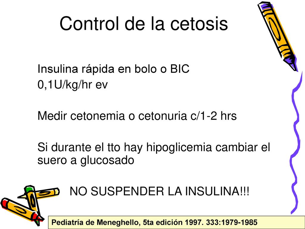 Control de la cetosis Insulina rápida en bolo o BIC 0,1U/kg/hr ev