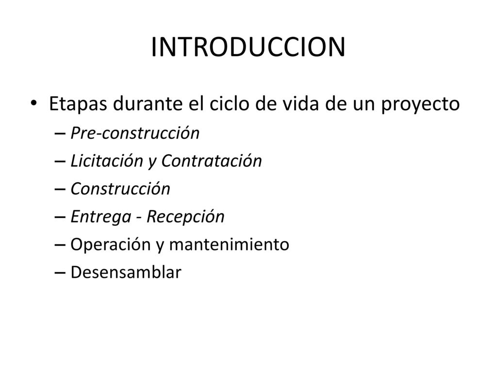 INTRODUCCION Etapas durante el ciclo de vida de un proyecto