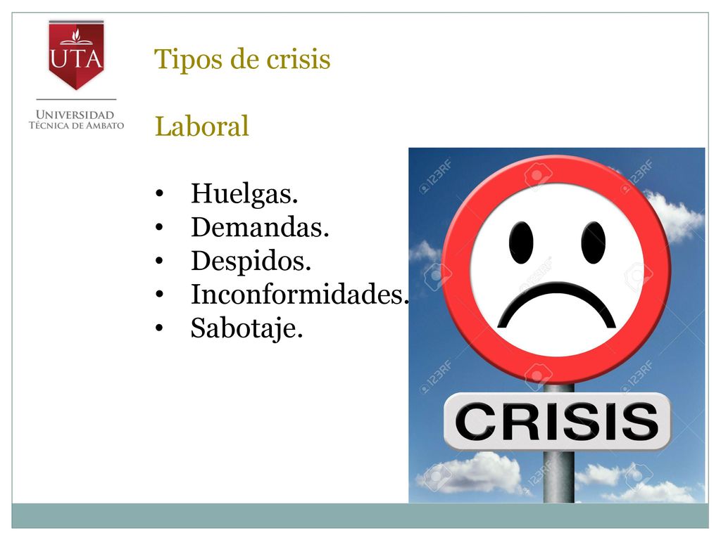 Tipos de crisis Laboral Huelgas. Demandas. Despidos. Inconformidades. Sabotaje.