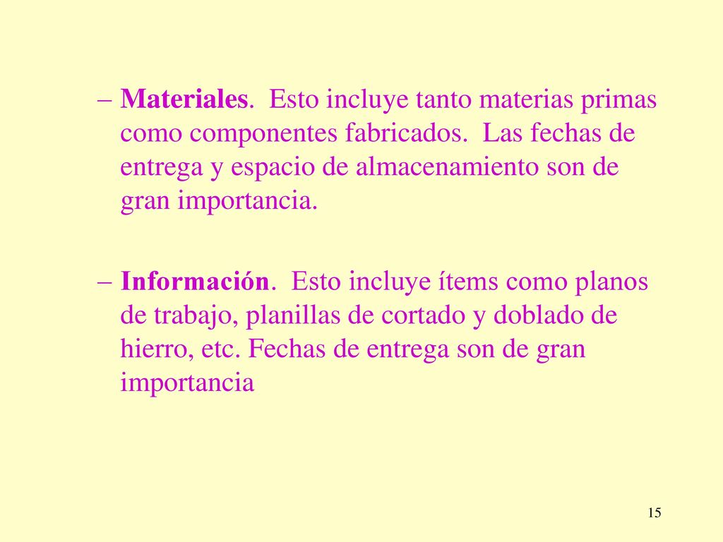 Materiales. Esto incluye tanto materias primas como componentes fabricados. Las fechas de entrega y espacio de almacenamiento son de gran importancia.