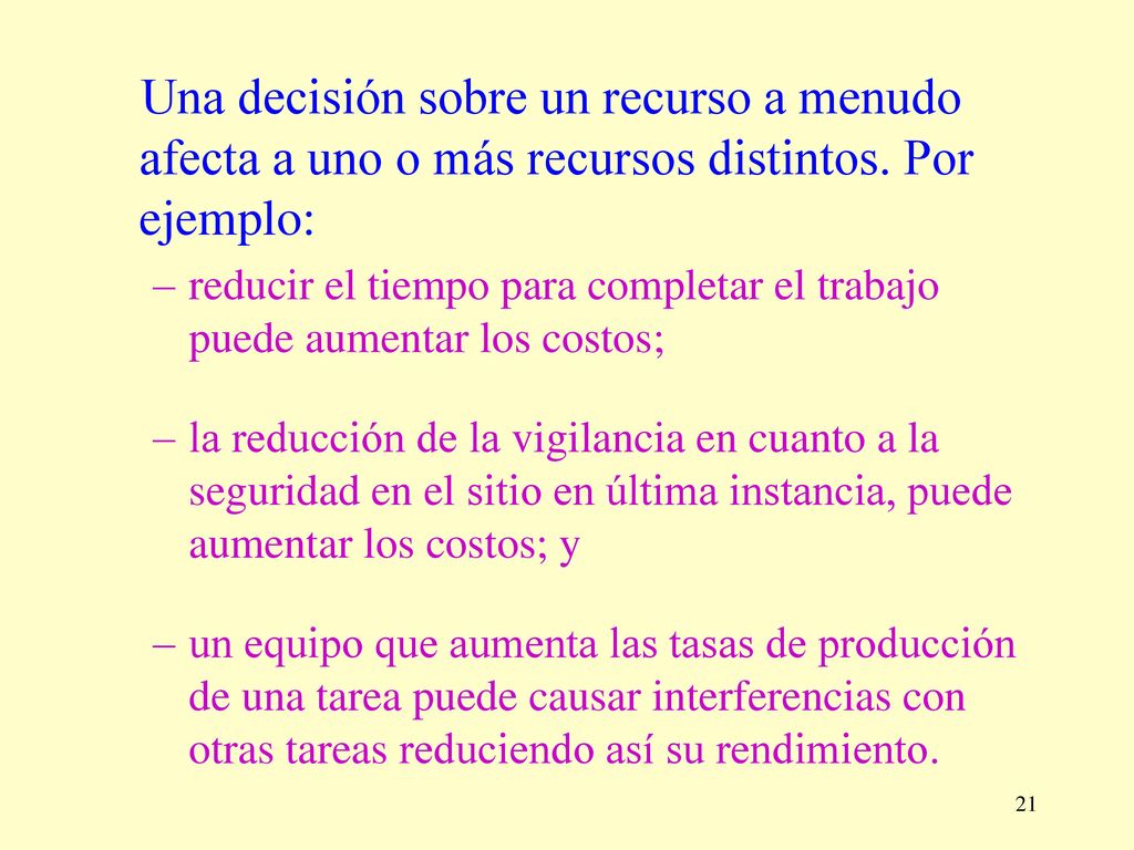 Una decisión sobre un recurso a menudo afecta a uno o más recursos distintos. Por ejemplo:
