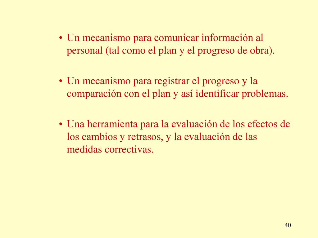 Un mecanismo para comunicar información al personal (tal como el plan y el progreso de obra).