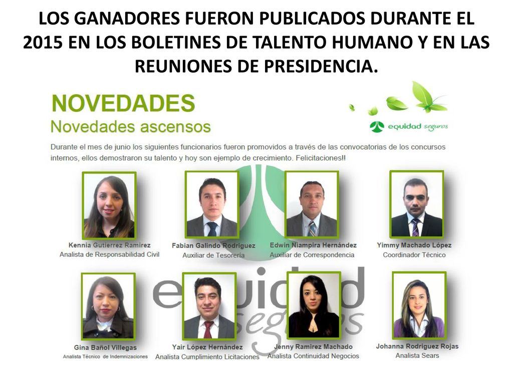 LOS GANADORES FUERON PUBLICADOS DURANTE EL 2015 EN LOS BOLETINES DE TALENTO HUMANO Y EN LAS REUNIONES DE PRESIDENCIA.