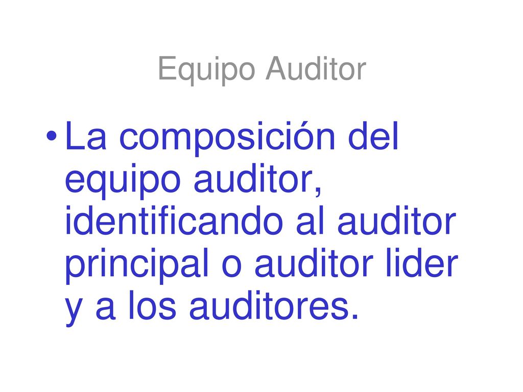 Equipo Auditor La composición del equipo auditor, identificando al auditor principal o auditor lider y a los auditores.