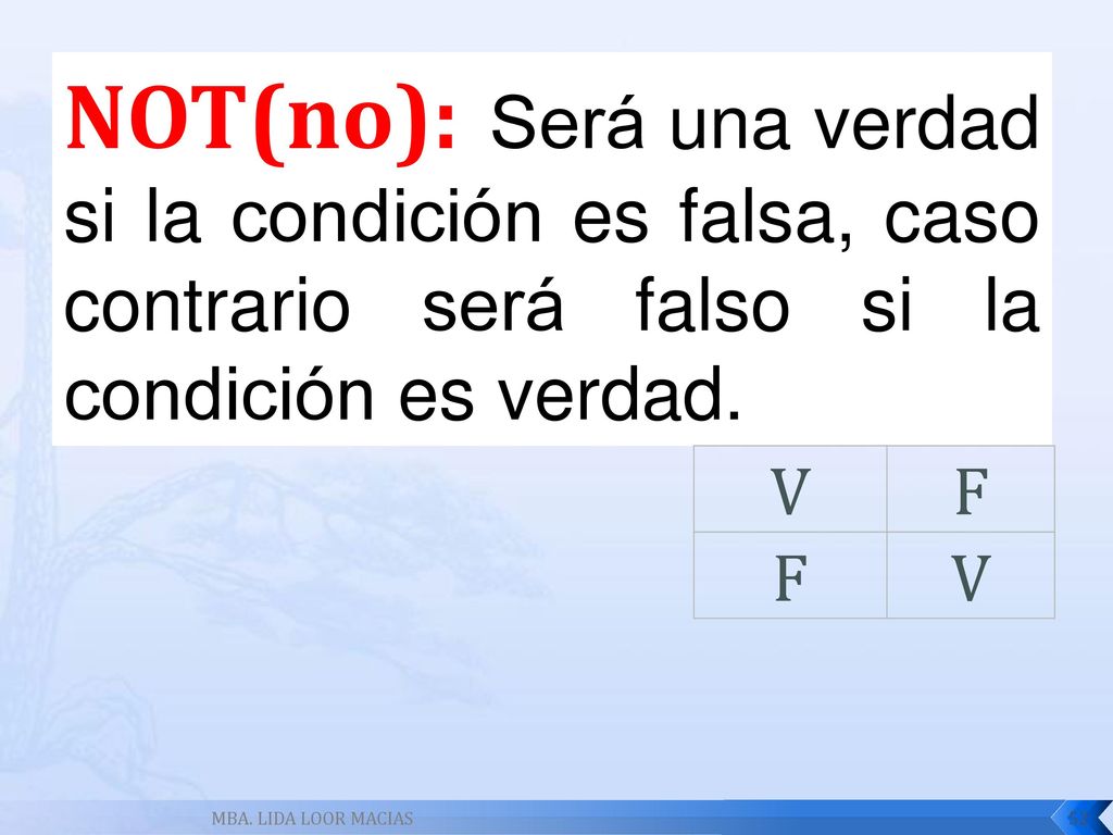 NOT(no): Será una verdad si la condición es falsa, caso contrario será falso si la condición es verdad.