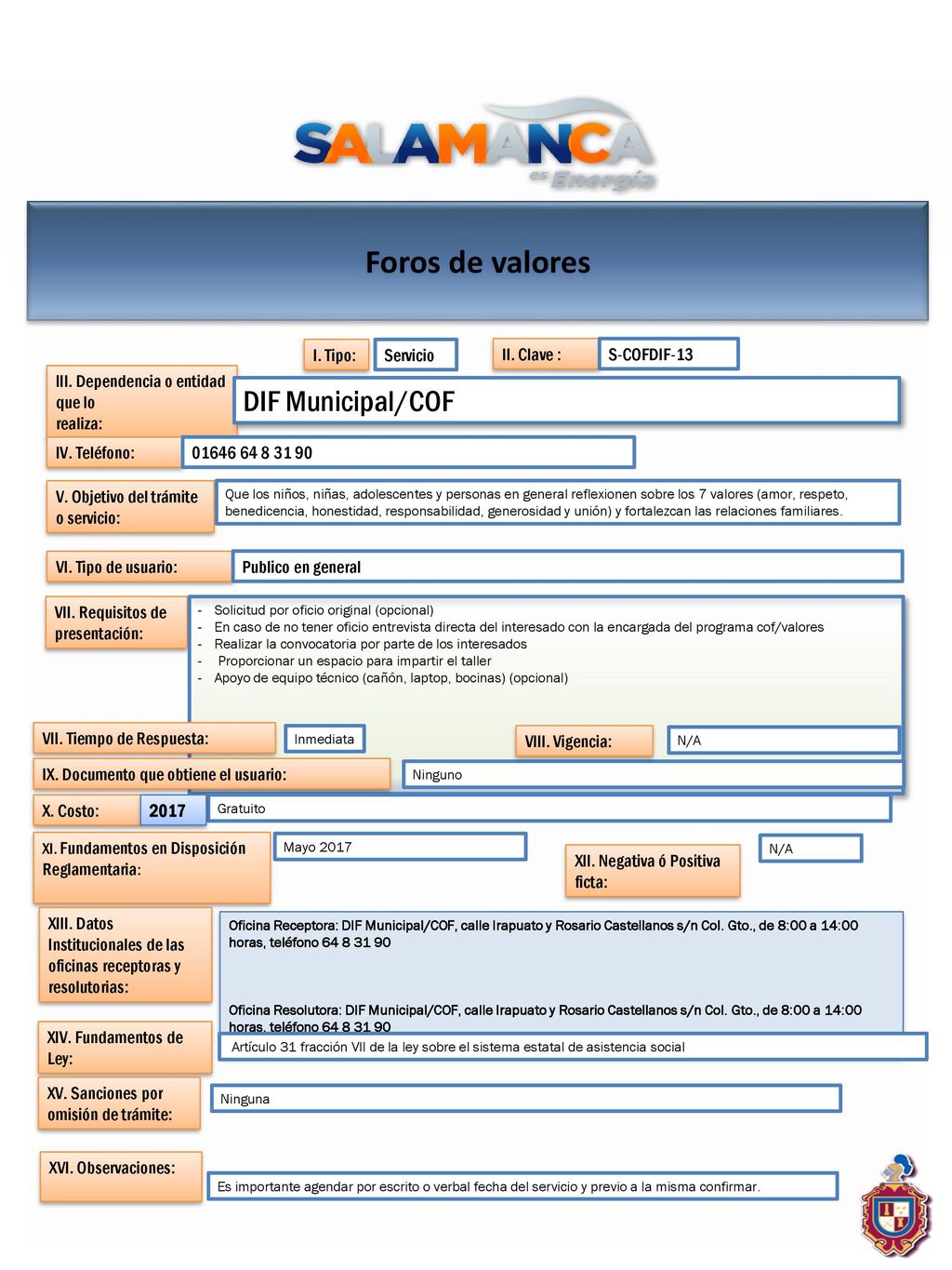 Foros de valores DIF Municipal/COF I. Tipo: Servicio II. Clave :