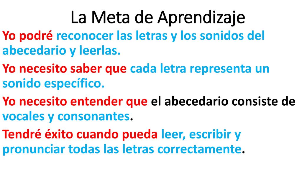 La Meta de Aprendizaje Yo podré reconocer las letras y los sonidos del abecedario y leerlas.