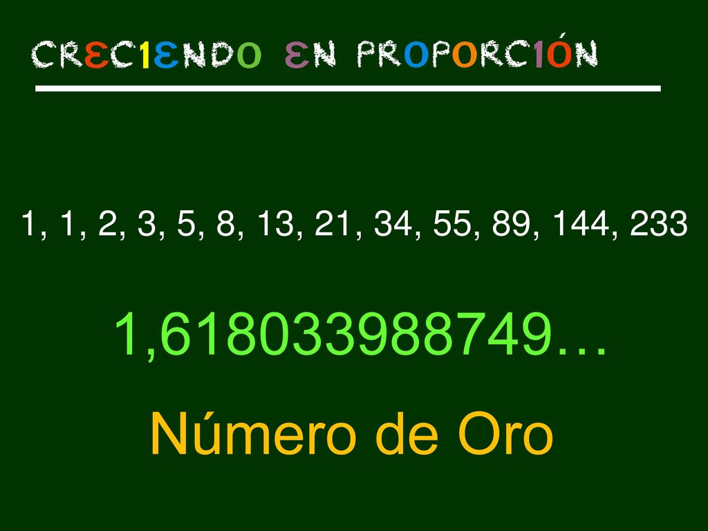 1, 1, 2, 3, 5, 8, 13, 21, 34, 55, 89, 144, 233 1, … Número de Oro