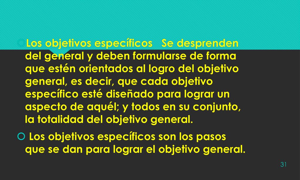 Los objetivos específicos Se desprenden del general y deben formularse de forma que estén orientados al logro del objetivo general, es decir, que cada objetivo específico esté diseñado para lograr un aspecto de aquél; y todos en su conjunto, la totalidad del objetivo general.