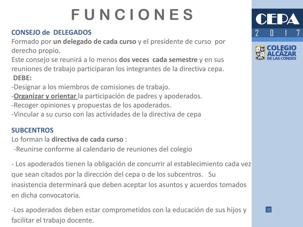 F U N C I O N E S CEPA CONSEJO de DELEGADOS