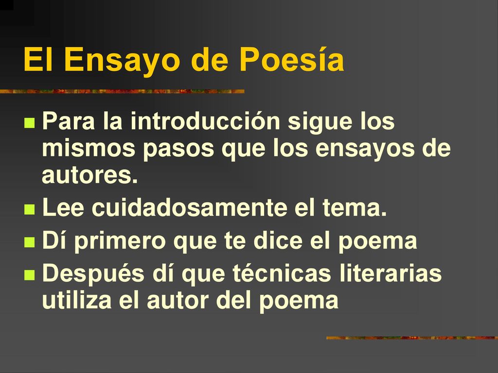 El Ensayo de Poesía Para la introducción sigue los mismos pasos que los ensayos de autores. Lee cuidadosamente el tema.