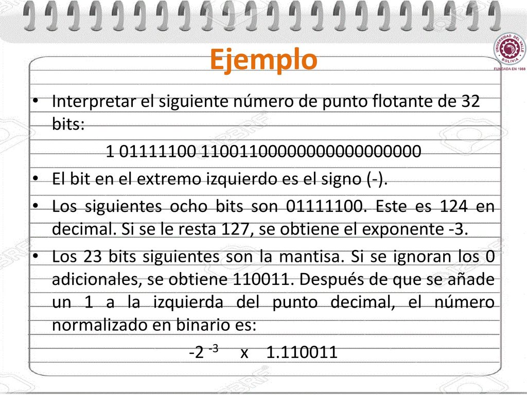 Ejemplo Interpretar el siguiente número de punto flotante de 32 bits: