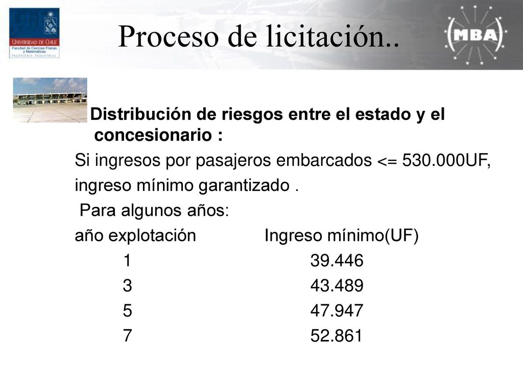 Proceso de licitación.. .- Distribución de riesgos entre el estado y el concesionario : Si ingresos por pasajeros embarcados <= UF,