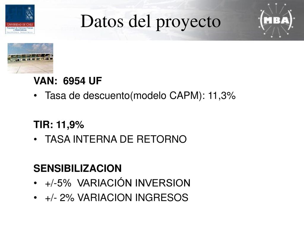 Datos del proyecto VAN: 6954 UF Tasa de descuento(modelo CAPM): 11,3%