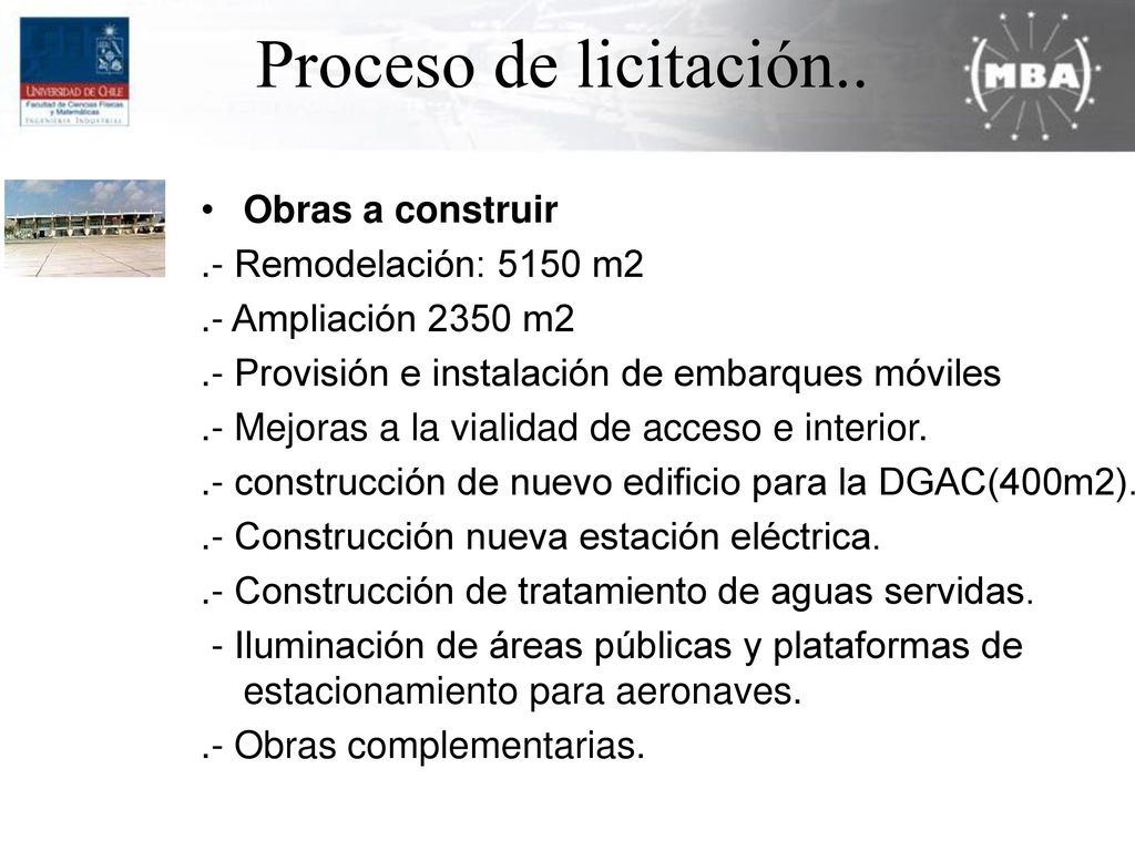 Proceso de licitación.. Obras a construir .- Remodelación: 5150 m2