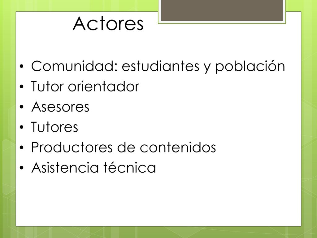 Actores Comunidad: estudiantes y población Tutor orientador Asesores