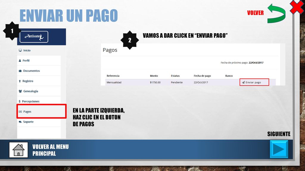 ENVIAR UN PAGO VOLVER 1 VAMOS A DAR CLICK EN ENVIAR PAGO 2