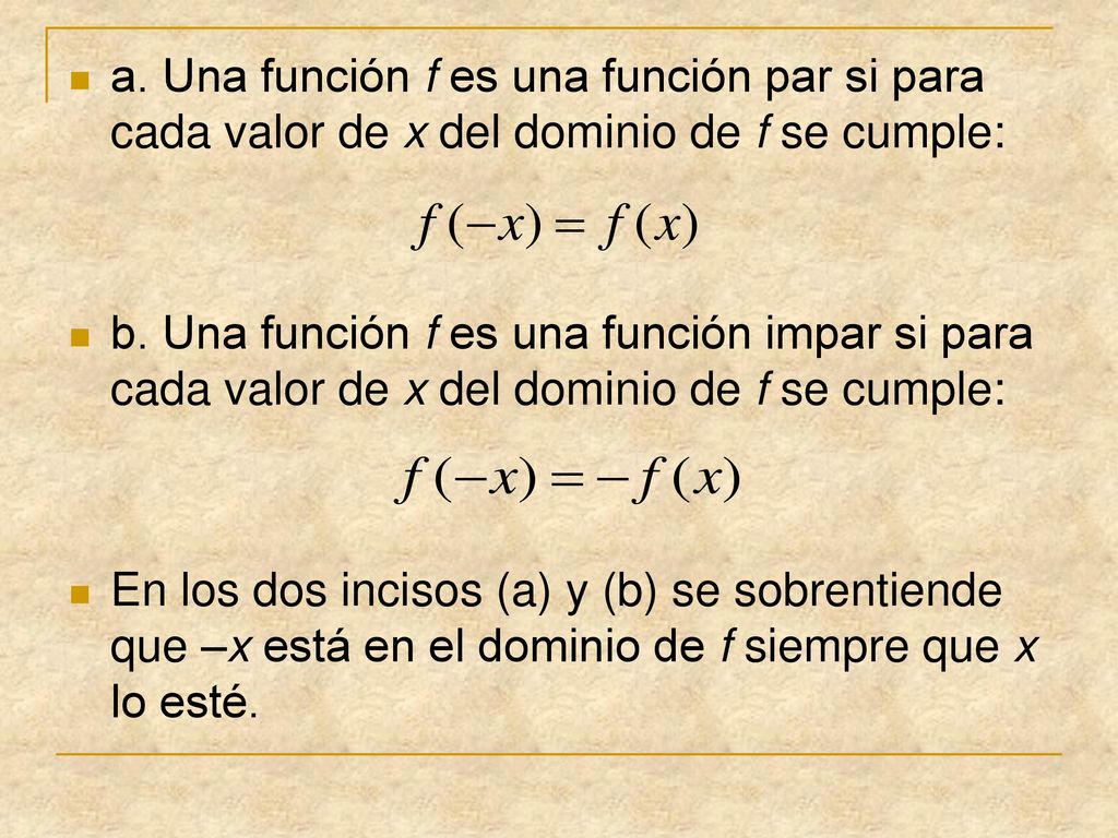 a. Una función f es una función par si para cada valor de x del dominio de f se cumple: