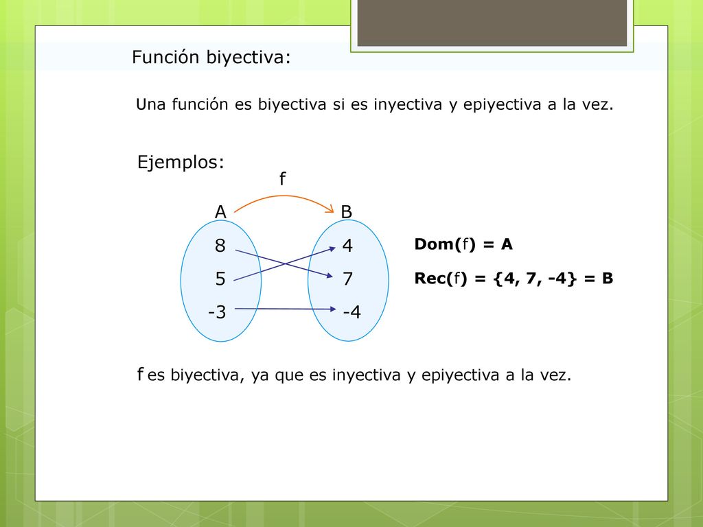 f es biyectiva, ya que es inyectiva y epiyectiva a la vez.