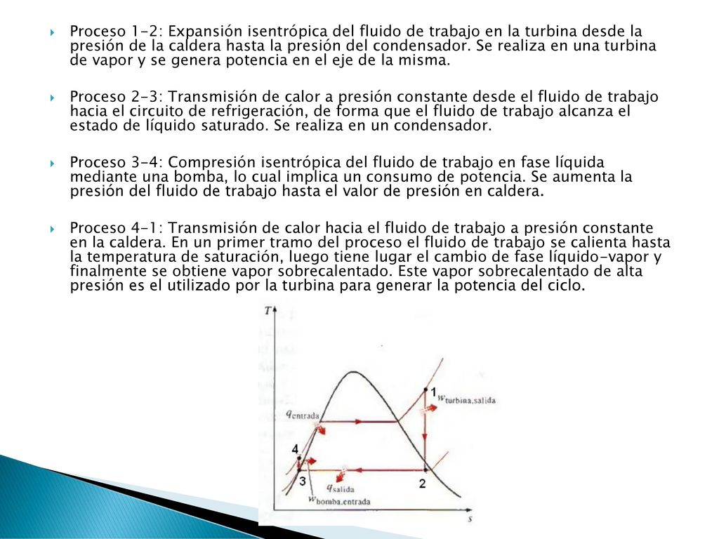 Proceso 1-2: Expansión isentrópica del fluido de trabajo en la turbina desde la presión de la caldera hasta la presión del condensador. Se realiza en una turbina de vapor y se genera potencia en el eje de la misma.
