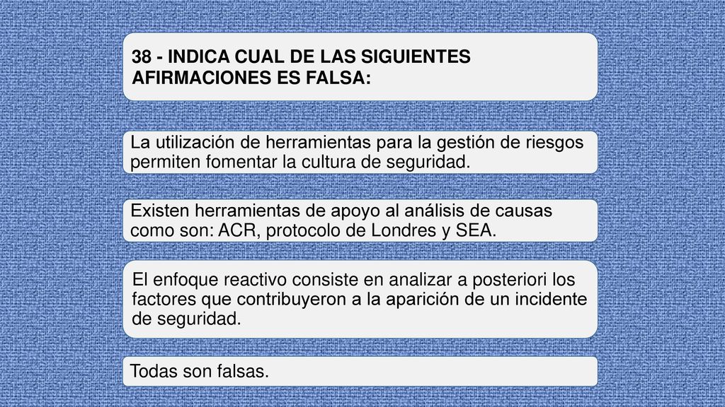 38 - INDICA CUAL DE LAS SIGUIENTES AFIRMACIONES ES FALSA: