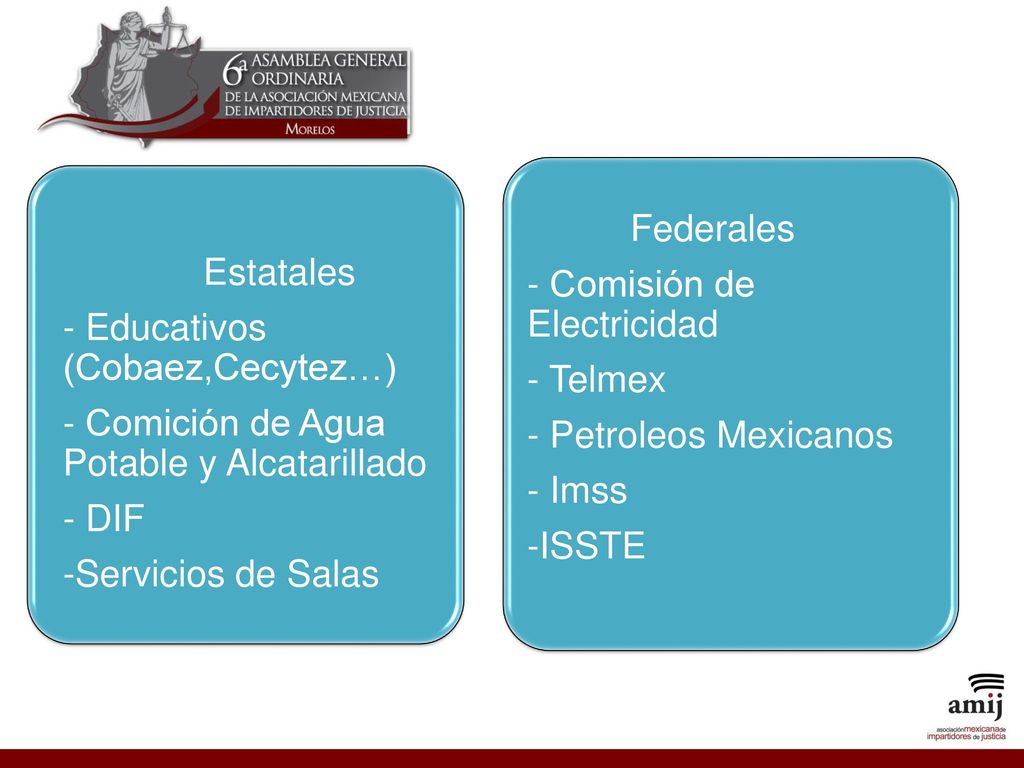 Federales - Comisión de Electricidad. - Telmex. - Petroleos Mexicanos. - Imss. -ISSTE. Estatales.