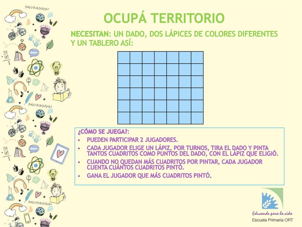 OCUPÁ TERRITORIO NECESITAN: UN DADO, DOS LÁPICES DE COLORES DIFERENTES Y UN TABLERO ASÍ: ¿CÓMO SE JUEGA :