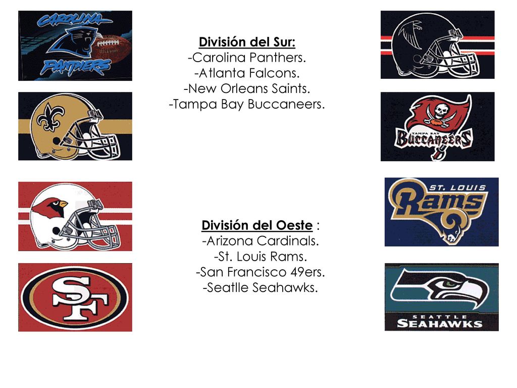 División del Sur: -Carolina Panthers. -Atlanta Falcons. -New Orleans Saints. -Tampa Bay Buccaneers.