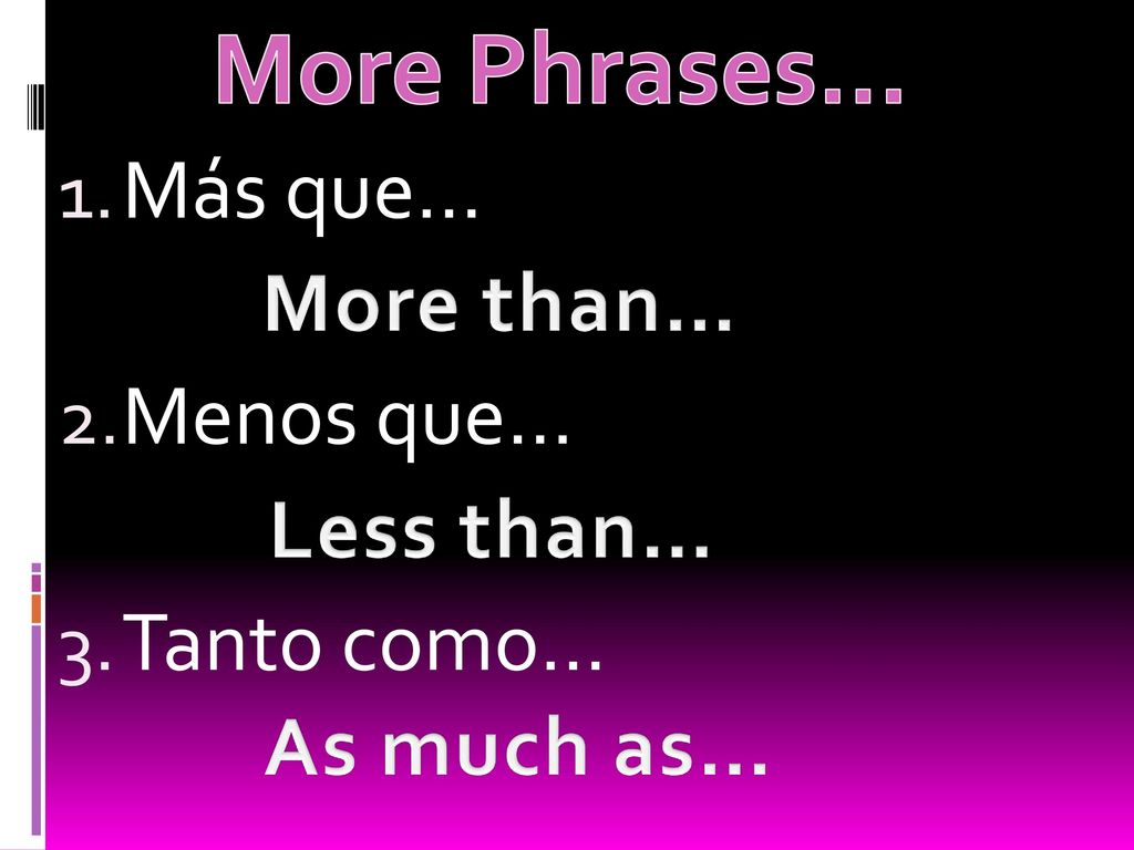 More Phrases… Más que… Menos que… More than… Tanto como… Less than…
