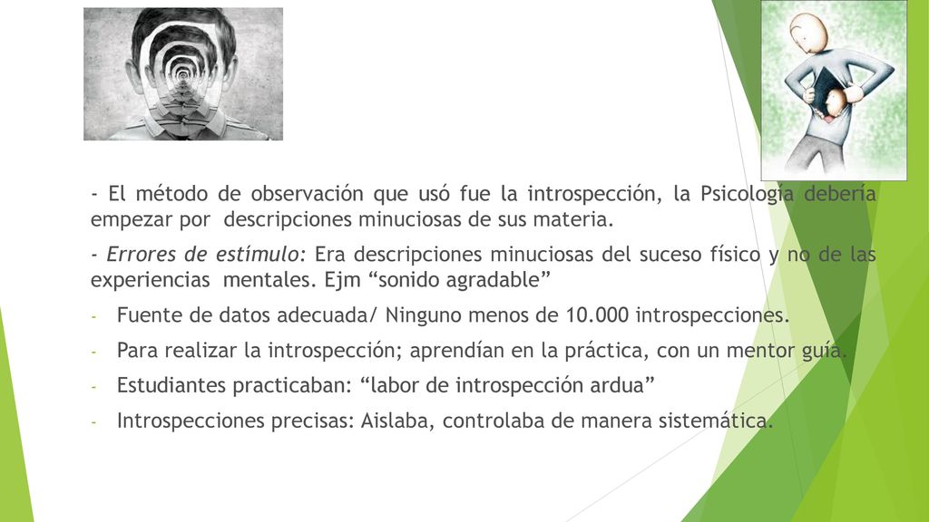 - El método de observación que usó fue la introspección, la Psicología debería empezar por descripciones minuciosas de sus materia.
