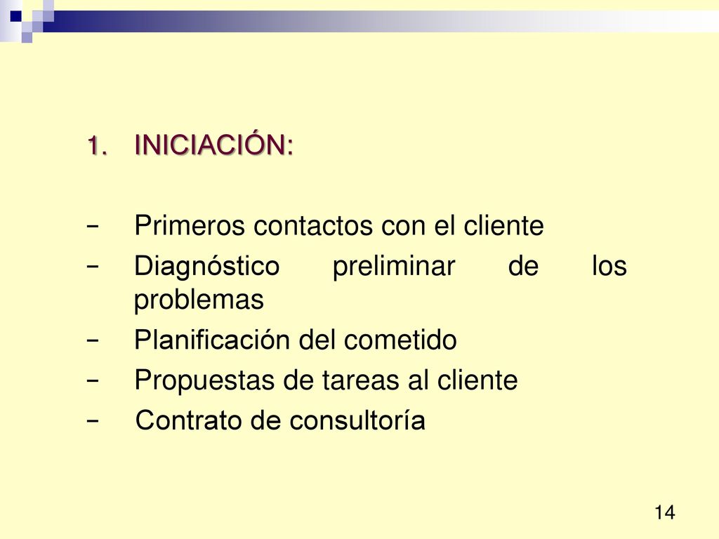 INICIACIÓN: Primeros contactos con el cliente. Diagnóstico preliminar de los problemas. Planificación del cometido.