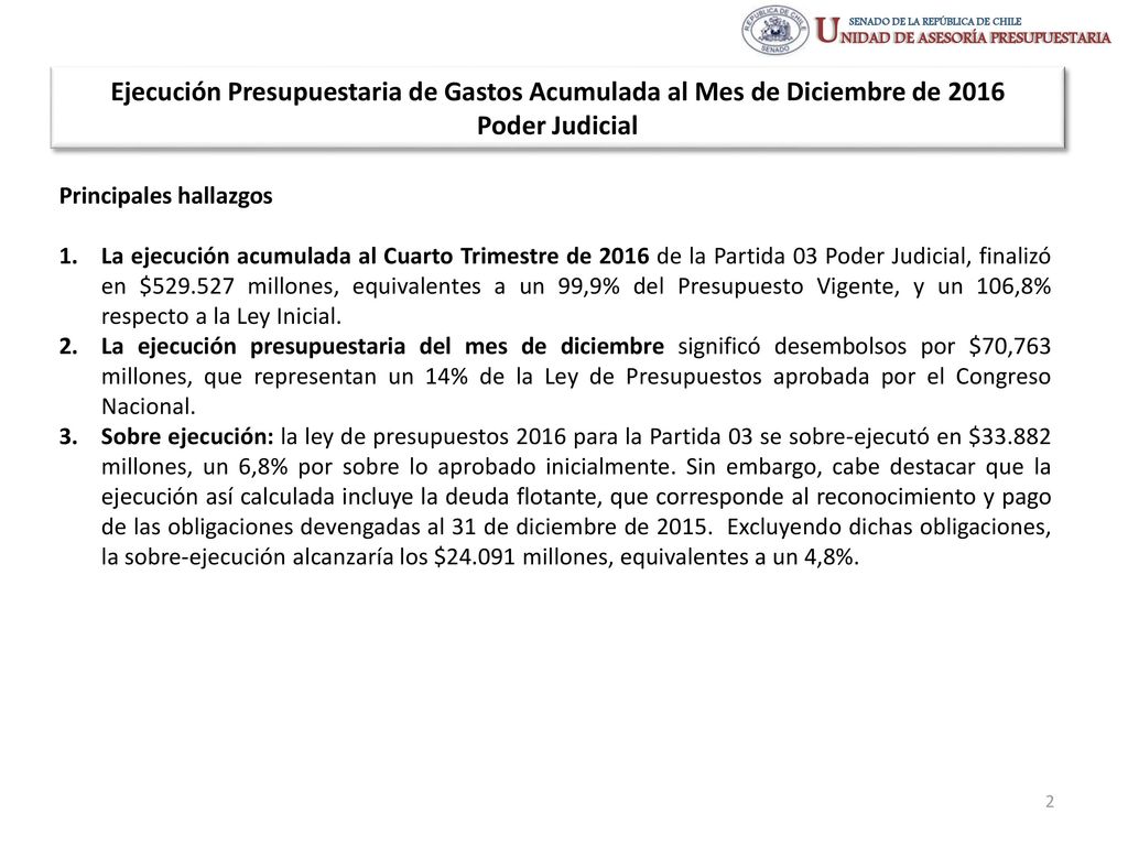 Ejecución Presupuestaria de Gastos Acumulada al Mes de Diciembre de 2016 Poder Judicial