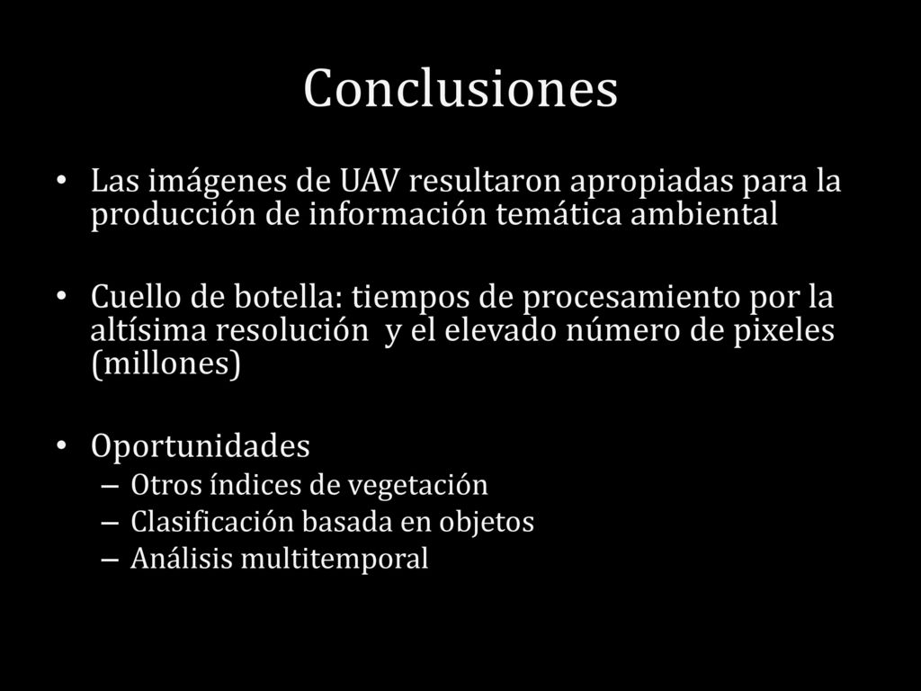 Conclusiones Las imágenes de UAV resultaron apropiadas para la producción de información temática ambiental.