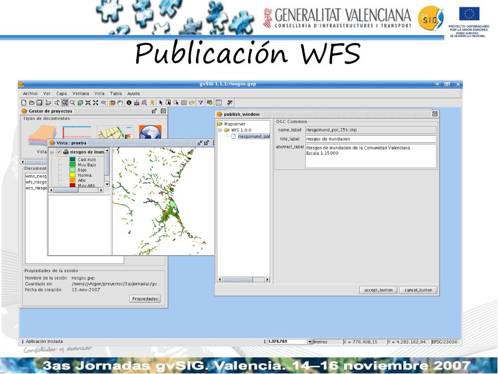Publicación WFS Continuando con el ejemplo anterior, veamos cómo ofrece el tema de riesgos de inundación a través del servicio WFS.
