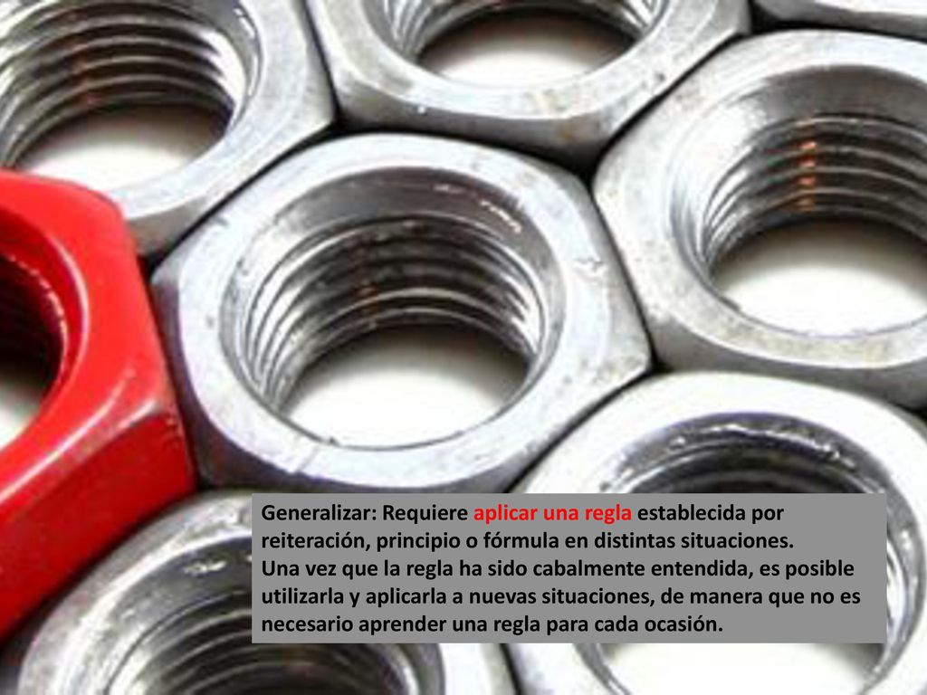 Generalizar: Requiere aplicar una regla establecida por reiteración, principio o fórmula en distintas situaciones.
