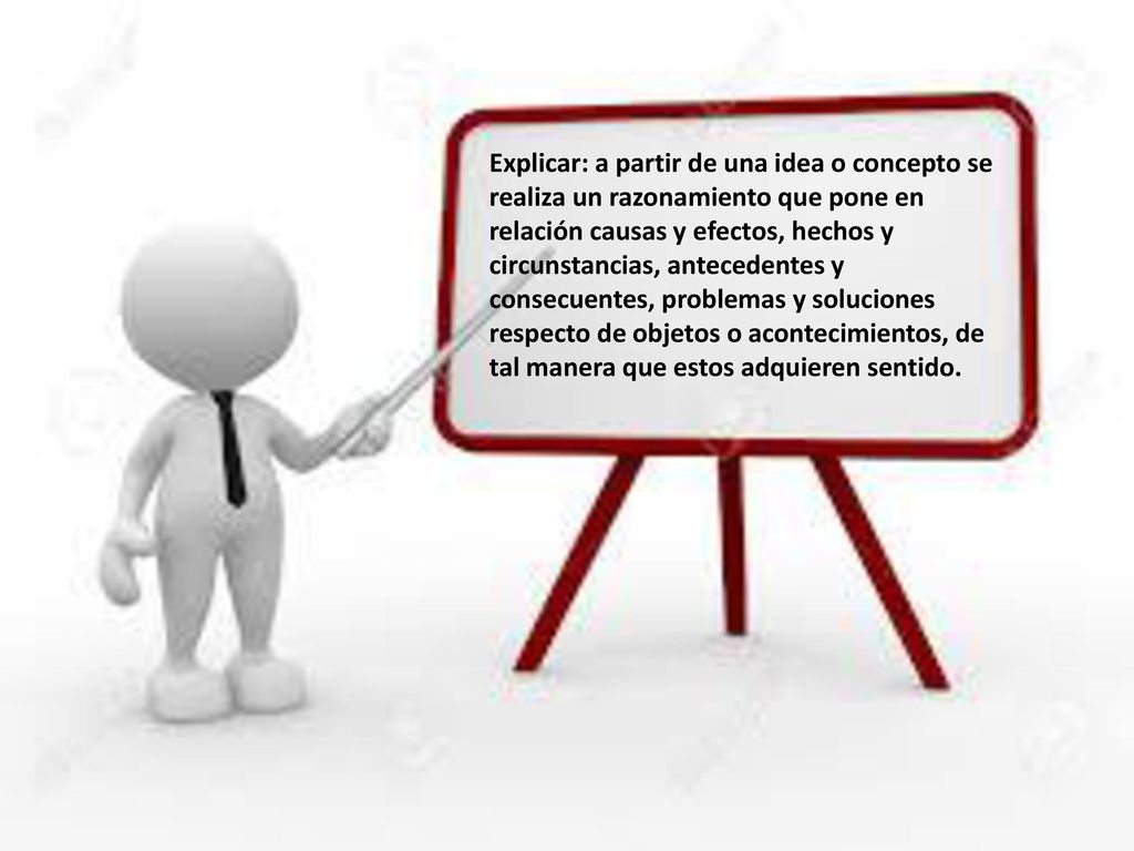 Explicar: a partir de una idea o concepto se realiza un razonamiento que pone en relación causas y efectos, hechos y circunstancias, antecedentes y consecuentes, problemas y soluciones respecto de objetos o acontecimientos, de tal manera que estos adquieren sentido.