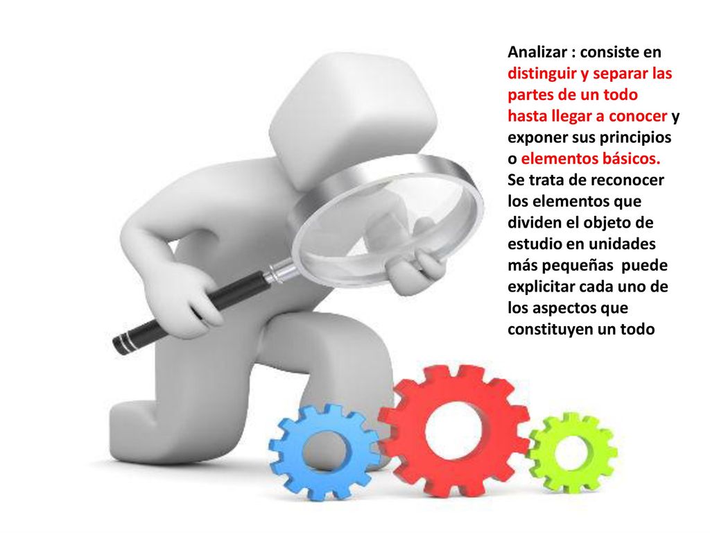 Analizar : consiste en distinguir y separar las partes de un todo hasta llegar a conocer y exponer sus principios o elementos básicos.