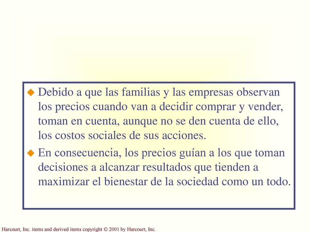 Debido a que las familias y las empresas observan los precios cuando van a decidir comprar y vender, toman en cuenta, aunque no se den cuenta de ello, los costos sociales de sus acciones.