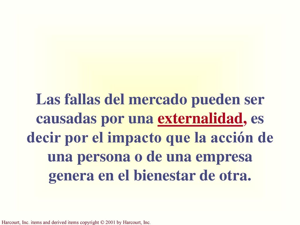 Las fallas del mercado pueden ser causadas por una externalidad, es decir por el impacto que la acción de una persona o de una empresa genera en el bienestar de otra.