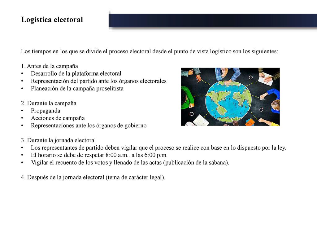 Logística electoral Los tiempos en los que se divide el proceso electoral desde el punto de vista logístico son los siguientes:
