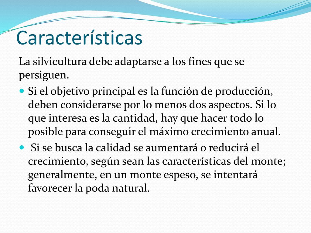 Características La silvicultura debe adaptarse a los fines que se persiguen.