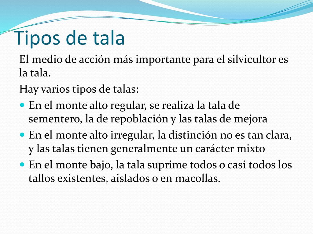 Tipos de tala El medio de acción más importante para el silvicultor es la tala. Hay varios tipos de talas: