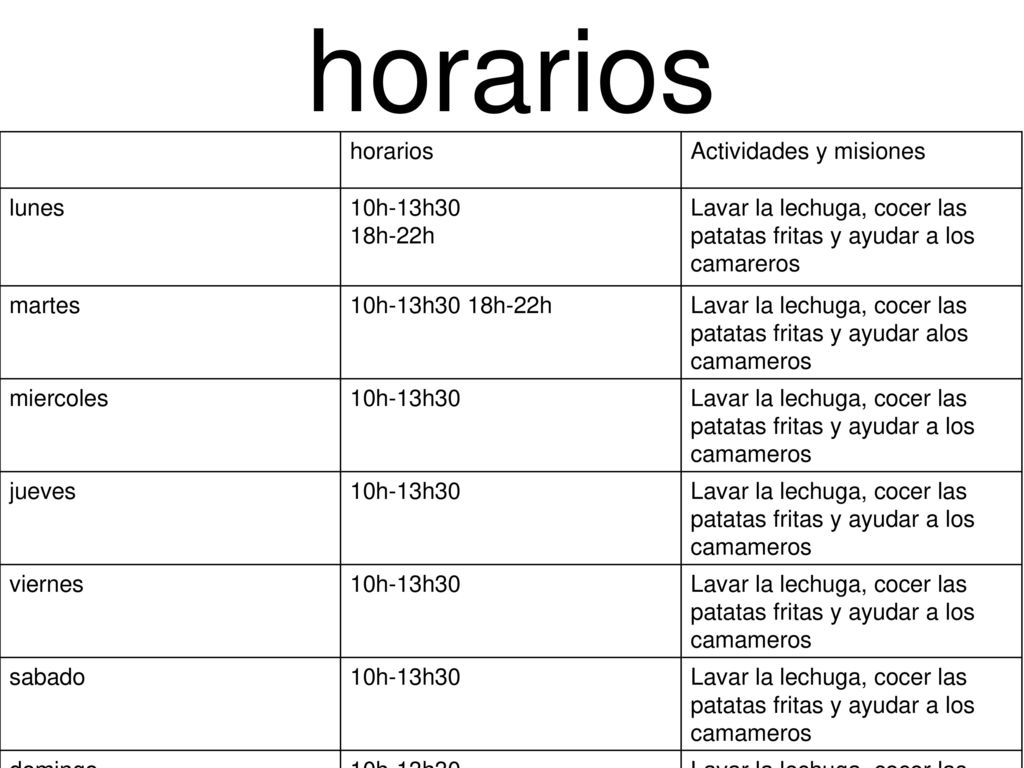 horarios horarios Actividades y misiones lunes 10h-13h30 18h-22h