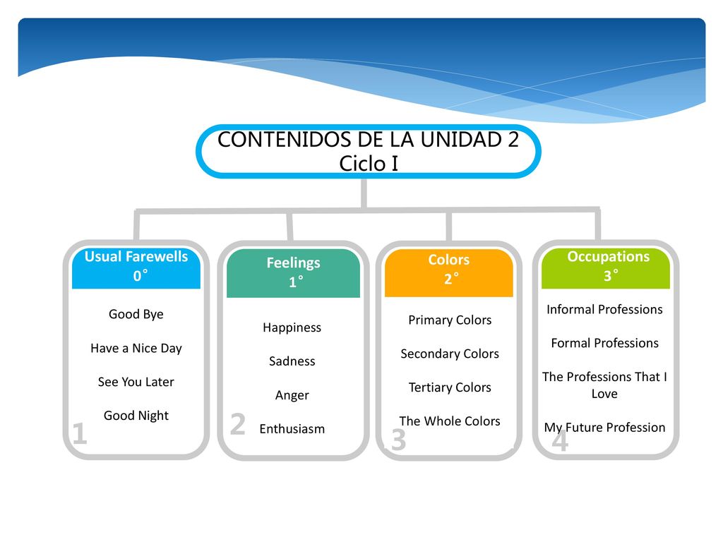 CONTENIDOS DE LA UNIDAD 2 Ciclo I Usual Farewells 0° Feelings
