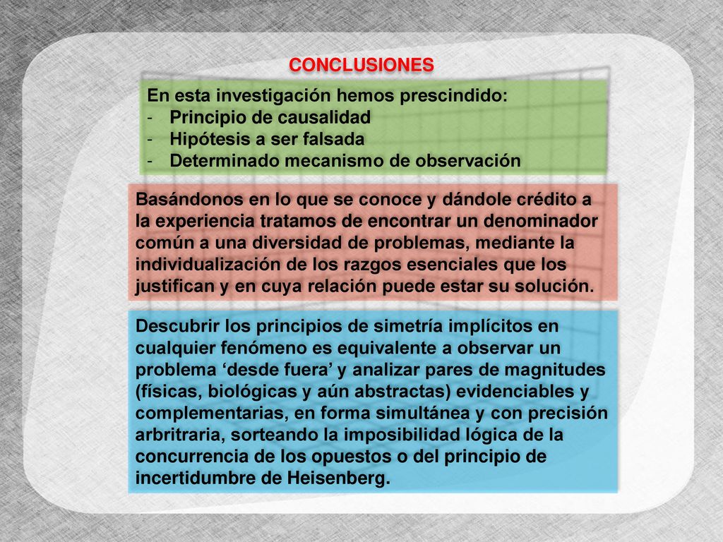 CONCLUSIONES En esta investigación hemos prescindido: Principio de causalidad. Hipótesis a ser falsada.
