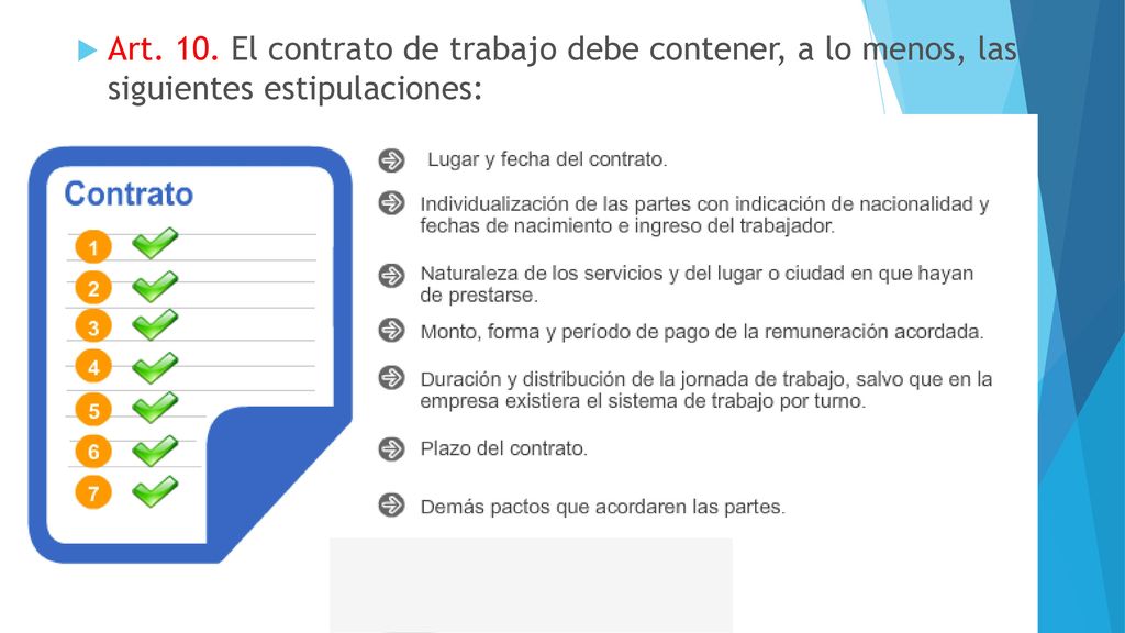Art. 10. El contrato de trabajo debe contener, a lo menos, las siguientes estipulaciones: