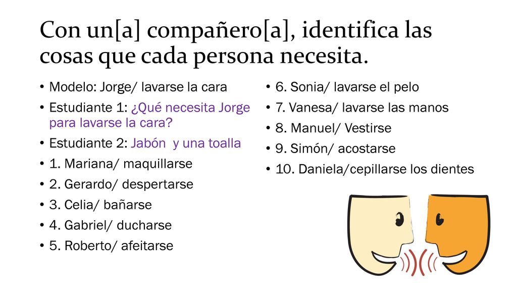 Con un[a] compañero[a], identifica las cosas que cada persona necesita.