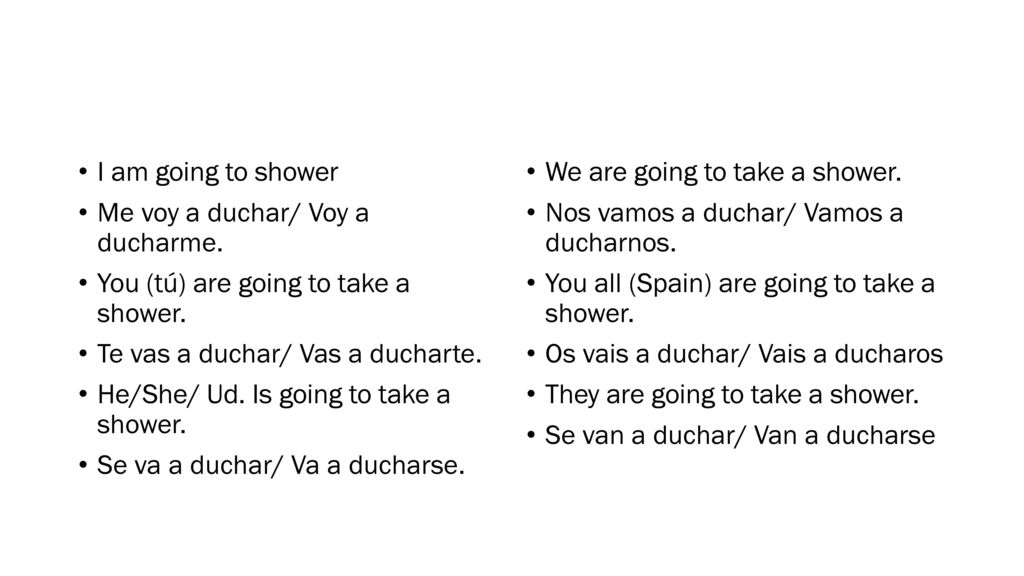 I am going to shower Me voy a duchar/ Voy a ducharme. You (tú) are going to take a shower. Te vas a duchar/ Vas a ducharte.